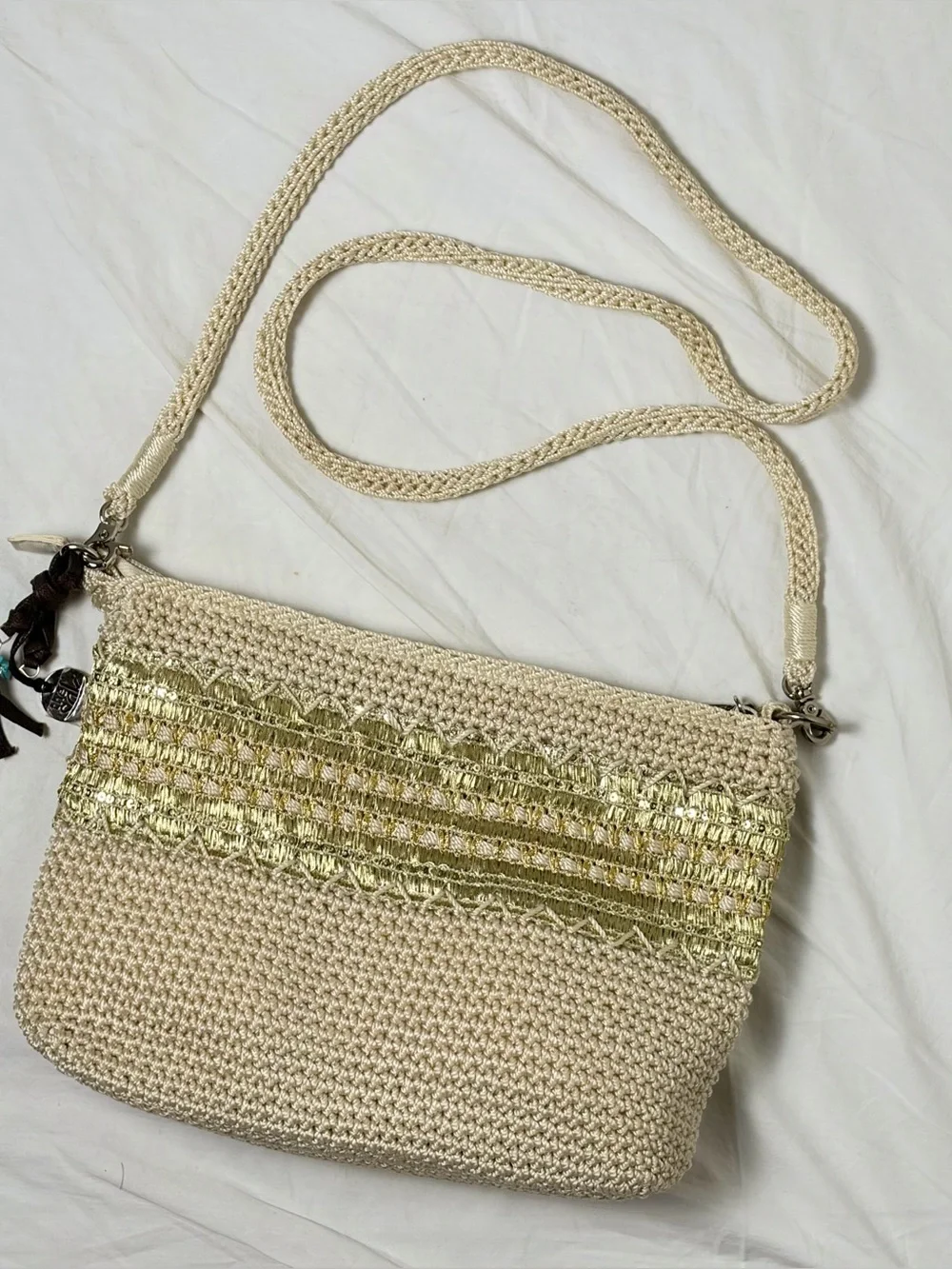 The Sak Cream Crochet Shoulder Bag Gold Sequin Accents – NWOT
